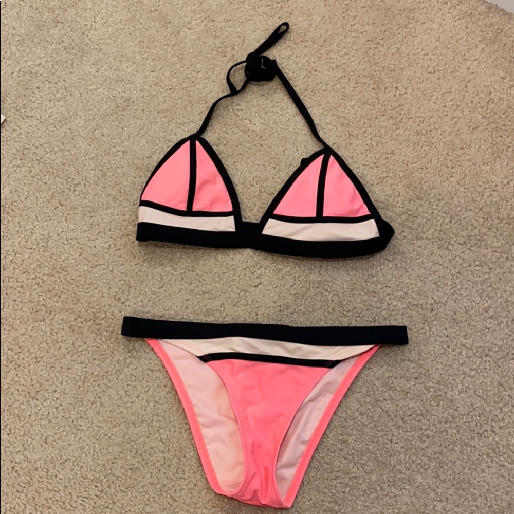 Pink Color Blocking Triangle Bikini Set